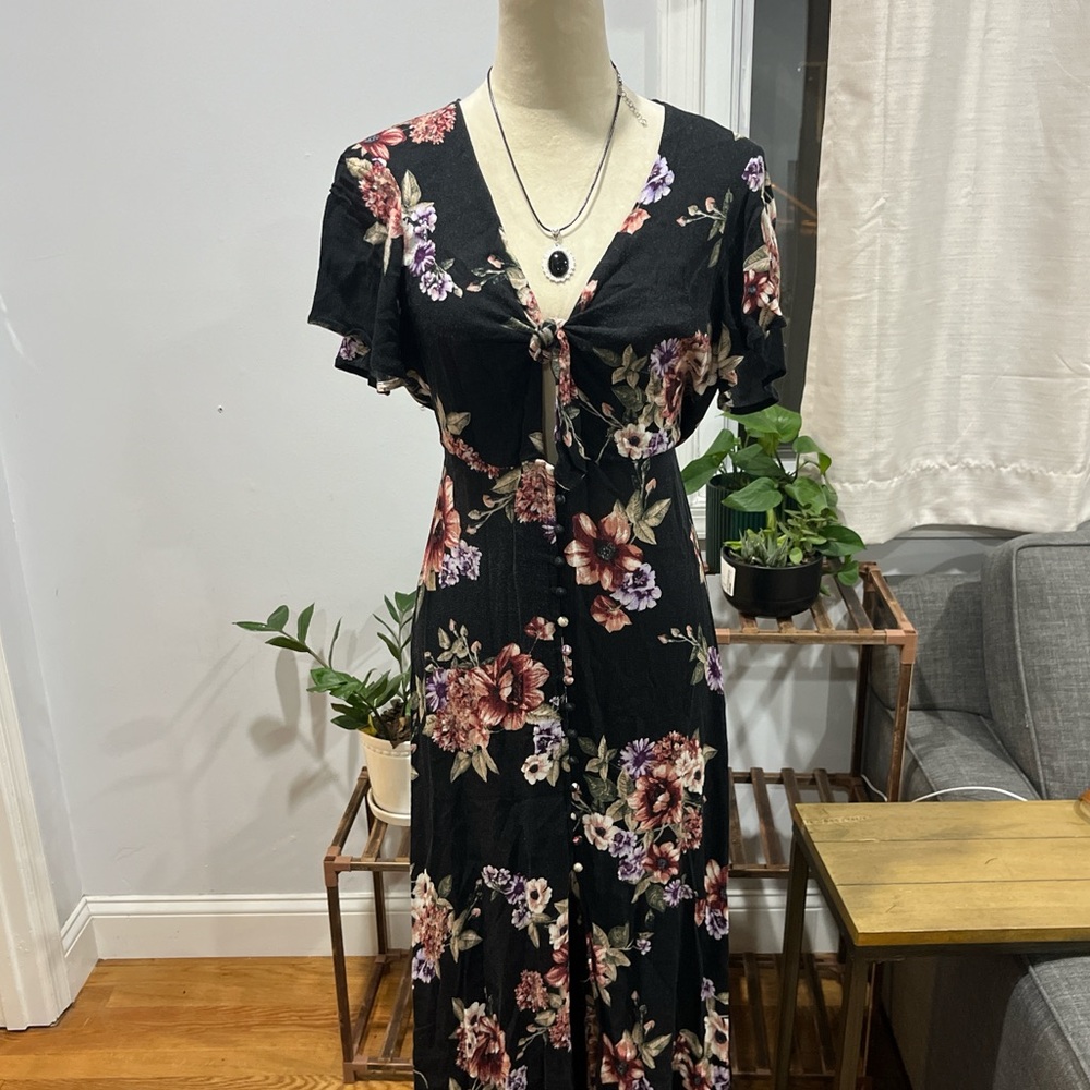 Tie-Front Black Floral Maxi Dress